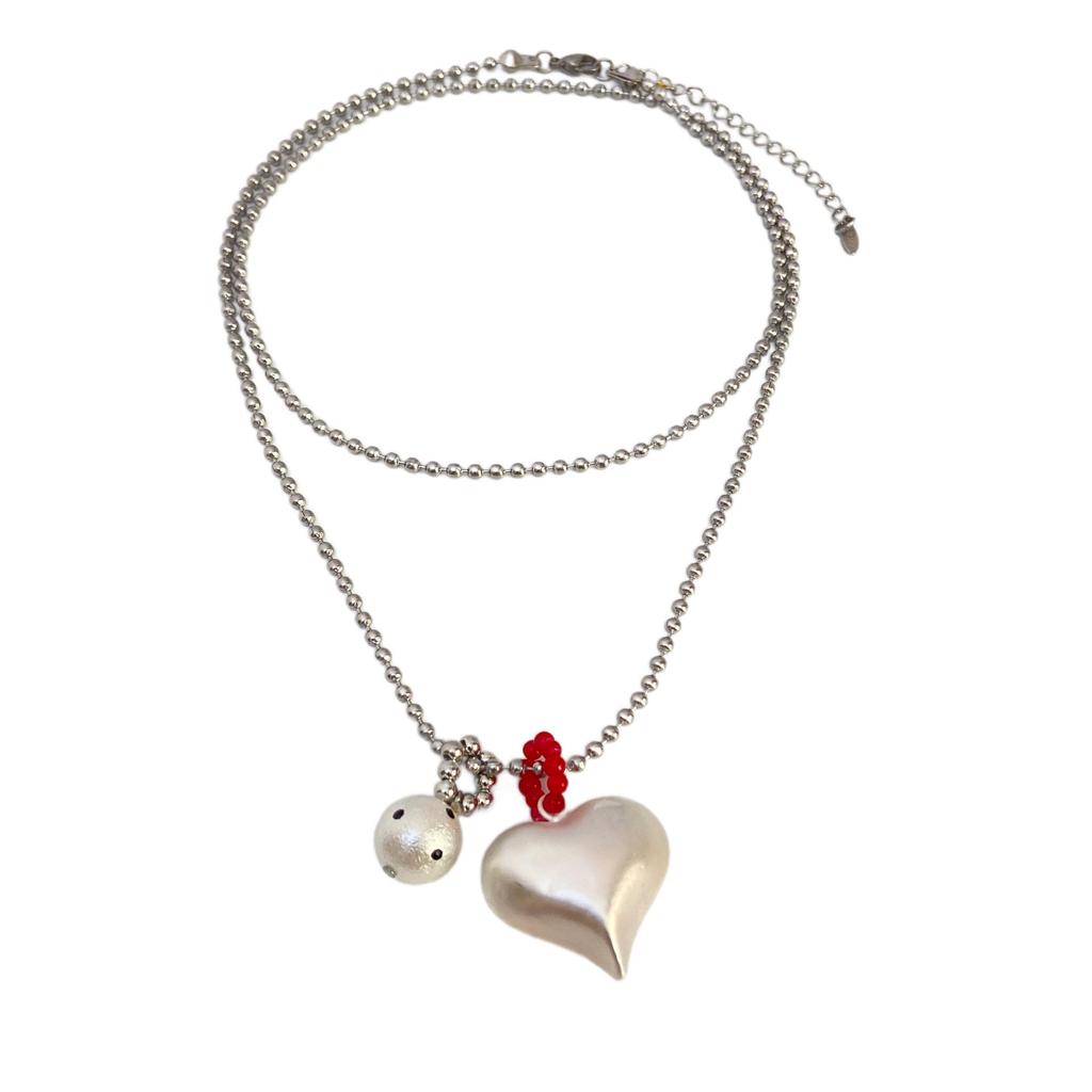 European American Silver Heart Cotton Pearl Pendant Necklace, Korean Fashion Versatile Sweater Necklace