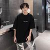Men's Black T-shirt Streetwear Style Short Sleeve Letter Print Casual Loose Fit Top