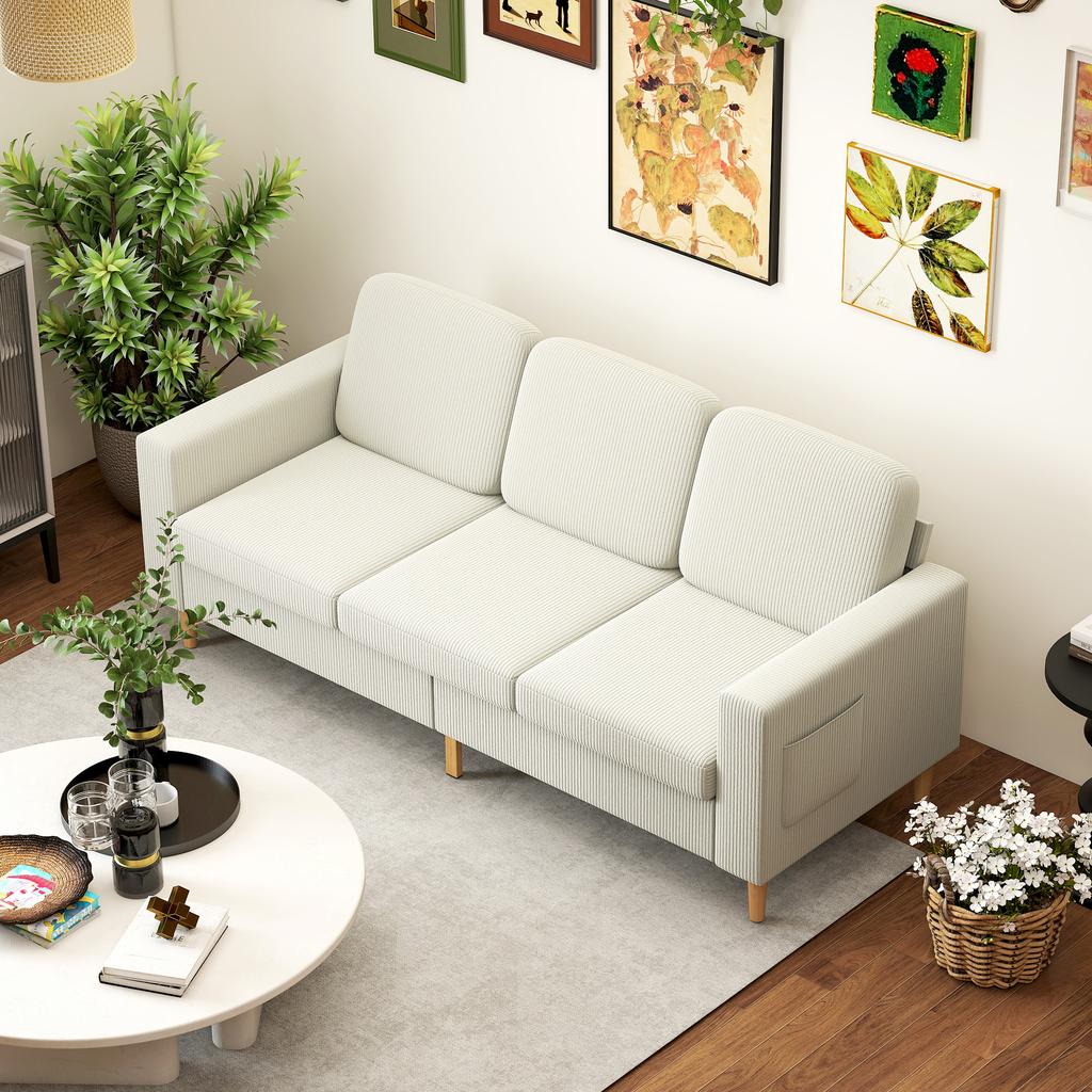3 Seater Corduroy Velvet Sofa With Spring Cushions And Padded Seat 192x80x84.5cm Beige