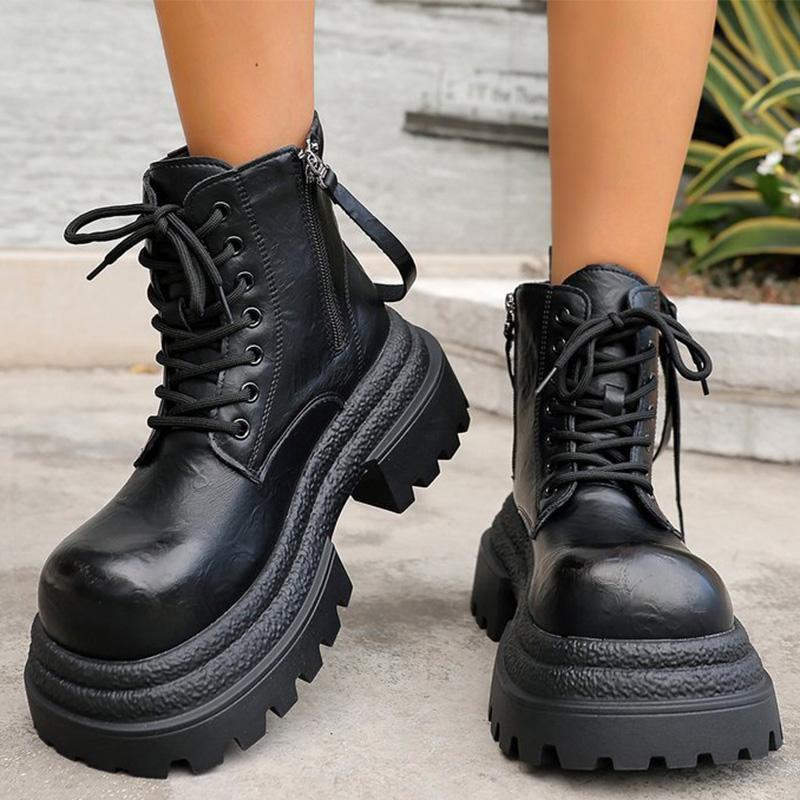 Fashion British Style Pu Leather Boots Women High Heel Chunky Platform Ankle Boots Woman Fashion Lace Up Zipper Up Booties Ladies