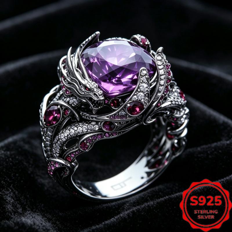 Dark-style dragon-shaped ring for men, vintage design925Silver inlaid amethyst ring, bold gothic design, gift for couples | Non-fading,