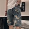 Sommer Ripped Holes Denim Shorts Mittelhohe Taschen Reißverschluss Knopfleiste Gerades Bein Knielange Herren Kurze Jeans Streetwear