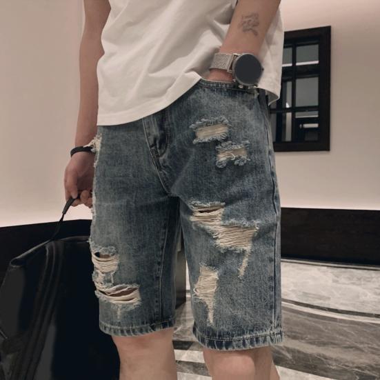 Sommer Ripped Holes Denim Shorts Mittelhohe Taschen Reißverschluss Knopfleiste Gerades Bein Knielange Herren Kurze Jeans Streetwear