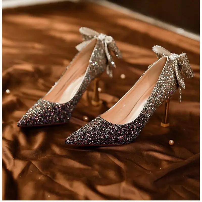 Autumn New Women's Luxury Pointed Rhinestone Bow Crystal Sequins Colored High Heel Single Shoes Banquet Wedding Shoes