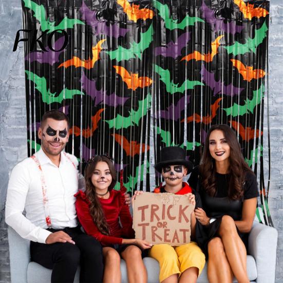 Halloween Tinsel Curtain Foil Fringe for Halloween, Orange Purple Black Background Event Decoration Photo Booth Props, Pumpkin Ghost Bat Party Shiny