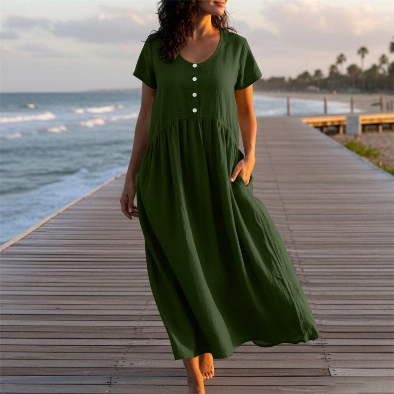 Women's U-Neck Button Front Short Sleeve Linen Maxi Dress Solid Color Casual Summer