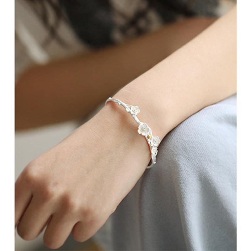 BECLUB Silver Color Hiphop Thick Chain Flower Bracelet for Women Men Vintage Handmade Hasp Bracelet Birthday Gift