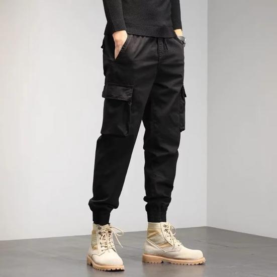 Men Cargo Pants Drawstring Waist Jogger Pants Military Style Outdoor Trousers