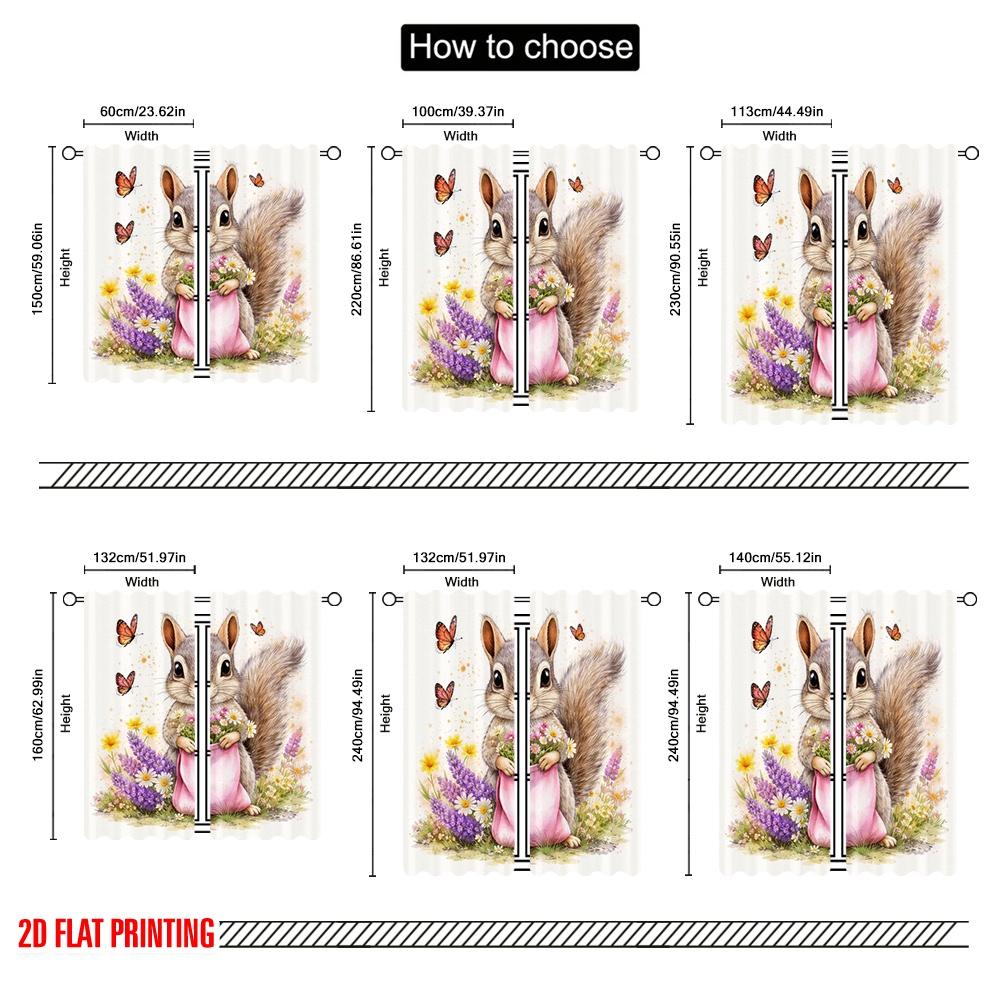 2D flat printing 2pcs Curtain Party Curtains Spring Squirrel with Flowers Digital Printed Polyester Drapes Birthday Party