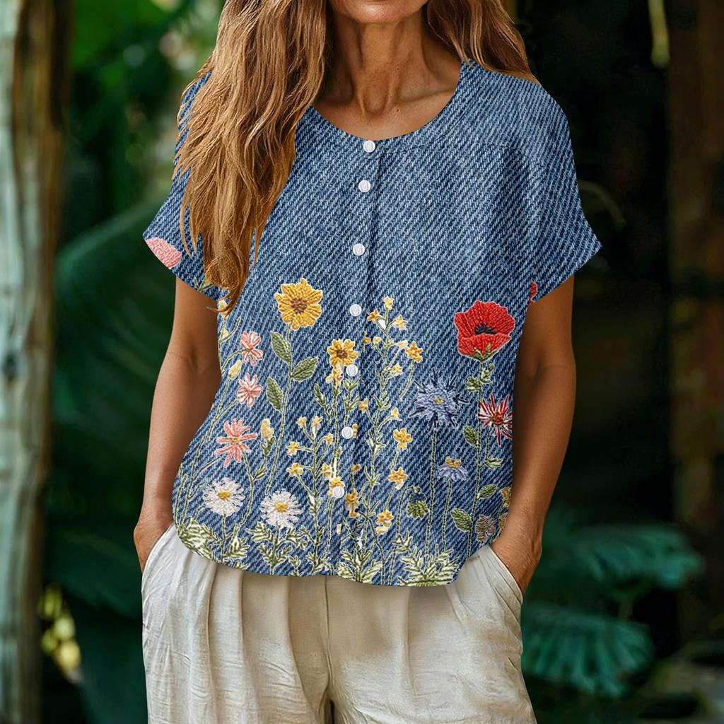 Women Casual Henley Neck Floral Print Button Front Short Sleeve Blouse Loose Fit Lightweight Top for Everyday Wear