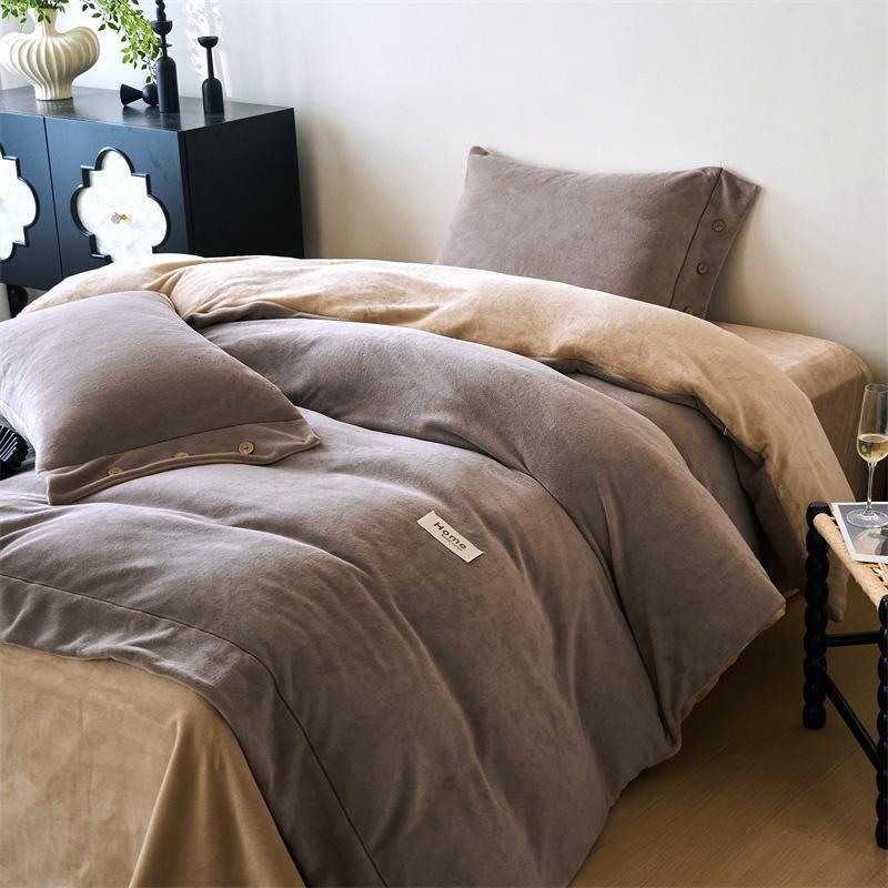 Thickened Milk Fleece Four-Piece Set, Button Coral Fleece Quilt Cover, Bed Three-Piece Set, Fleece Sheet Quilt Cover