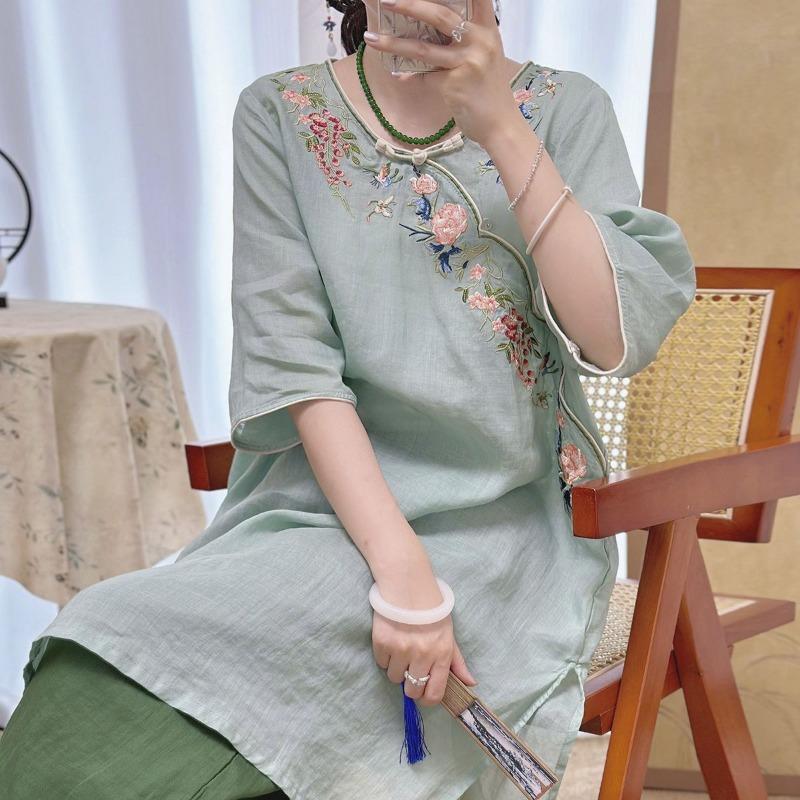 Women New Chinese Style Floral Embroidery Linen Dress Round Collar Frog Button Three-quarter Sleeve Casual Loose Fit Midi Dress