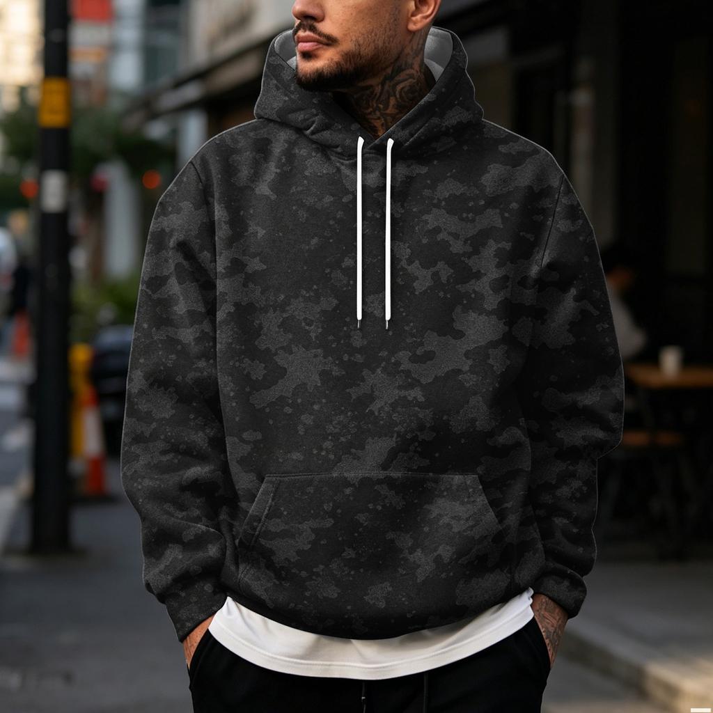 Men's Vintage Print Hoodie with Single Pocket Casual Pullover