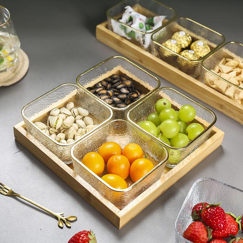 Lätt Lyx Delad Torkad Fruktfat Hushåll Glas Frukt Snacksfat Bambuträbricka Snacksfat Fyrkantig Skål Godislåda