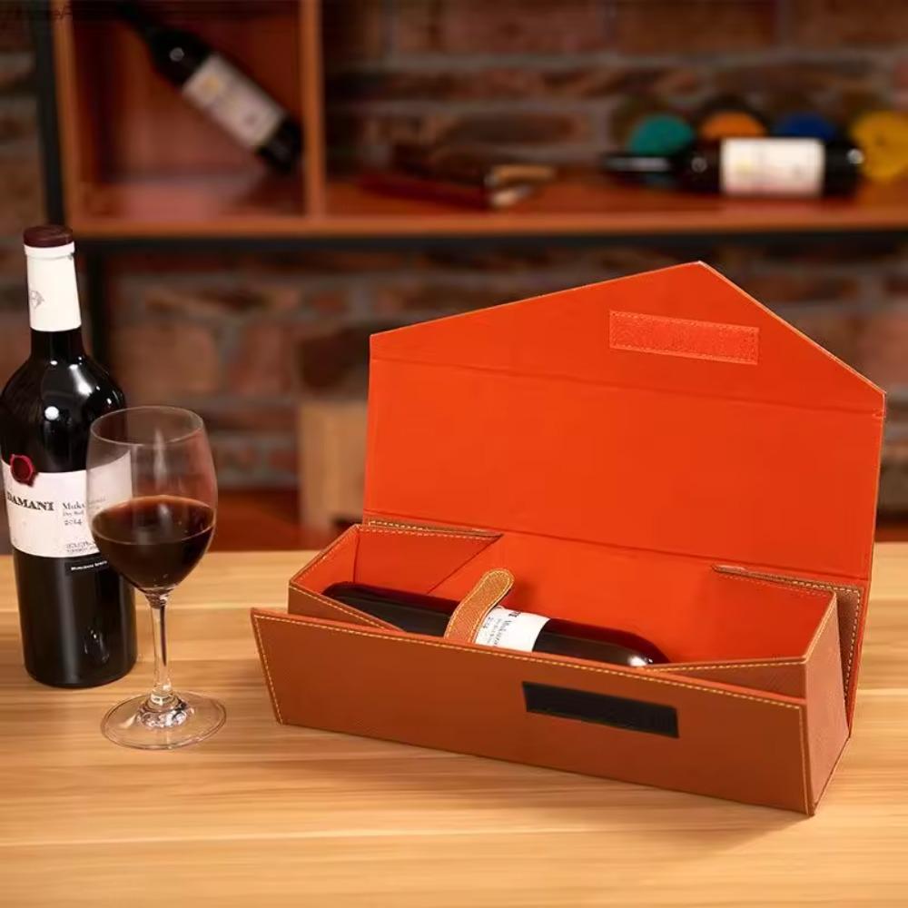 PU Leather Foldable Red Wine Gift Box Built-in Straps Wine Bottle Carrying Holder Friend Gift