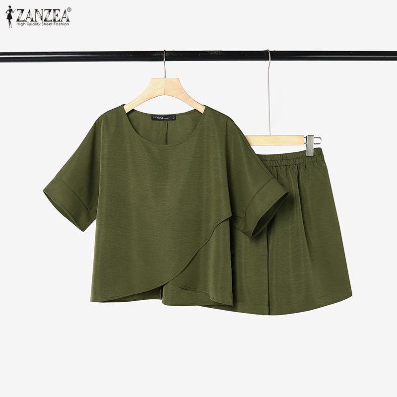 ZANZEA Women Short Sleeve Blouse and Shorts Summer Two Piece Suit Sets