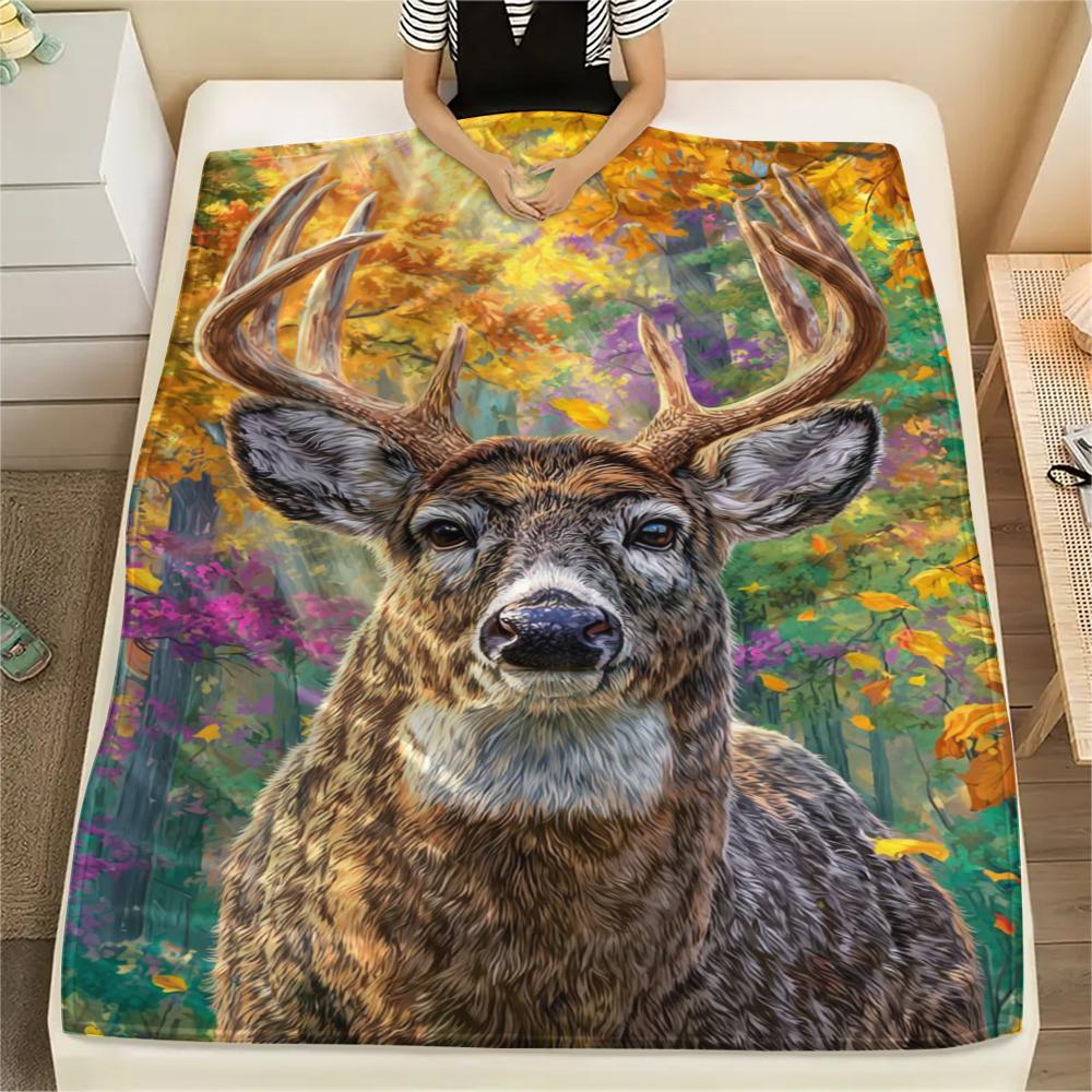 1Pc Deer in Forest Print Flannel Blanket, High quality Comfortable for All Seasons, Home Decor, Warmth and Comfort, Perfect for Gifts
