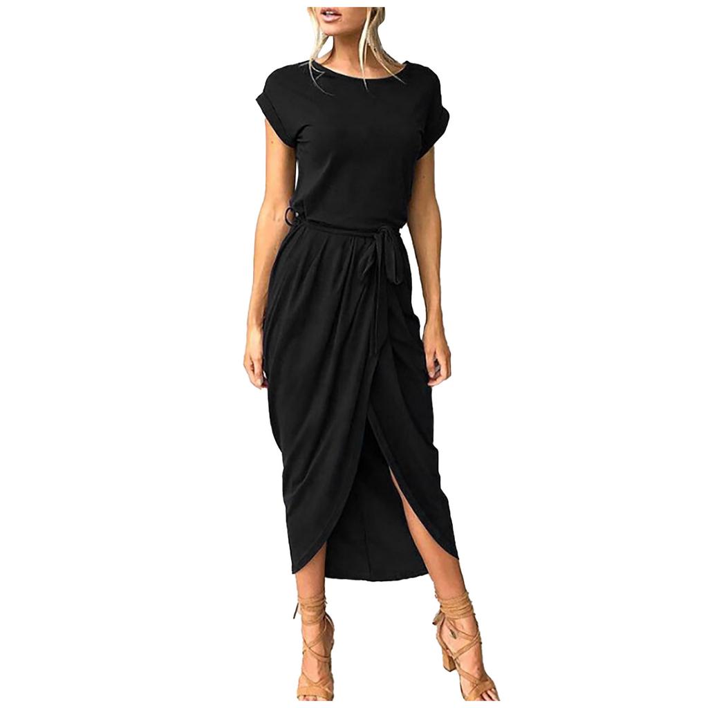 Women's Summer Dress Round Neck Sleeveless A-Line Dress Hem Belted Swing Beach Dresses
