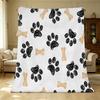 Pet Themed Flannel Blanket – Lightweight Soft Warm, Black Gold Paw Prints & Bones, Cozy Home Sofa Nap, Window Seat Decor for Christmas Halloween