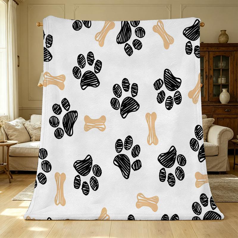 Pet Themed Flannel Blanket – Lightweight Soft Warm, Black Gold Paw Prints & Bones, Cozy Home Sofa Nap, Window Seat Decor for Christmas Halloween