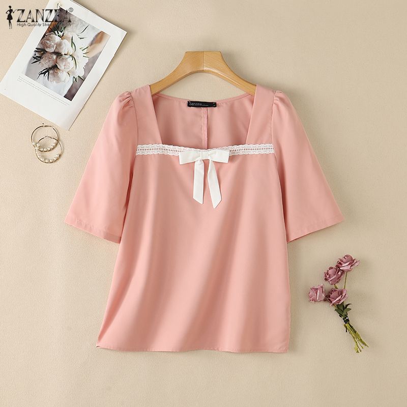 ZANZEA Women Elegant Square Collar Summer Casual Short Sleeve Blouse