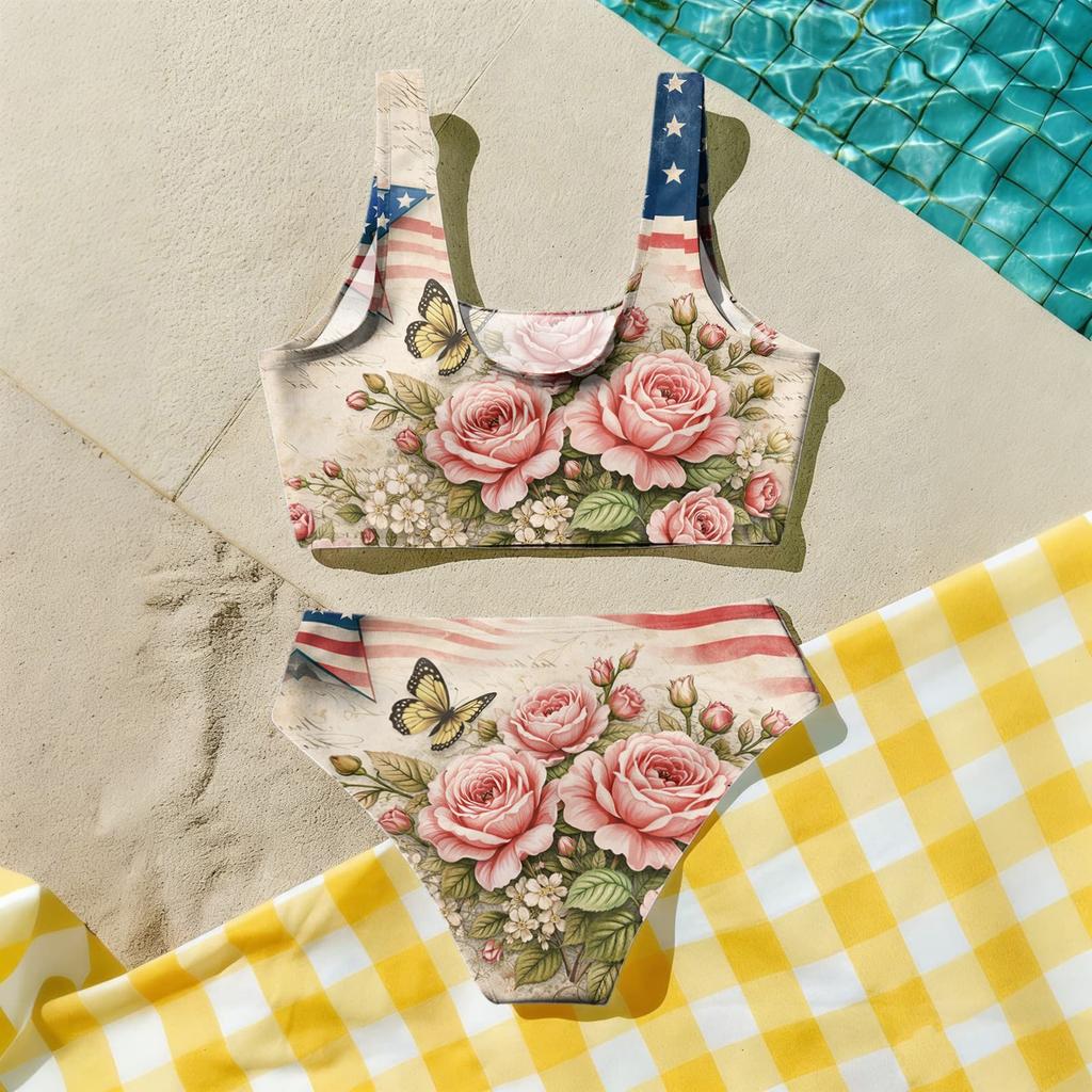 Girls Two Piece Swimsuit Set Summer Tankini Top and High Waist Bottoms Floral Print Lightweight Swimwear for Kids Beach Pool