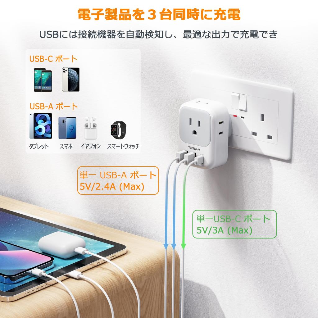 Tessan International Power Adapter with Port for Use In the Hong and Other Bf-type Type-C UK, Singapore, Kong, Malaysia, Macau, Regions.