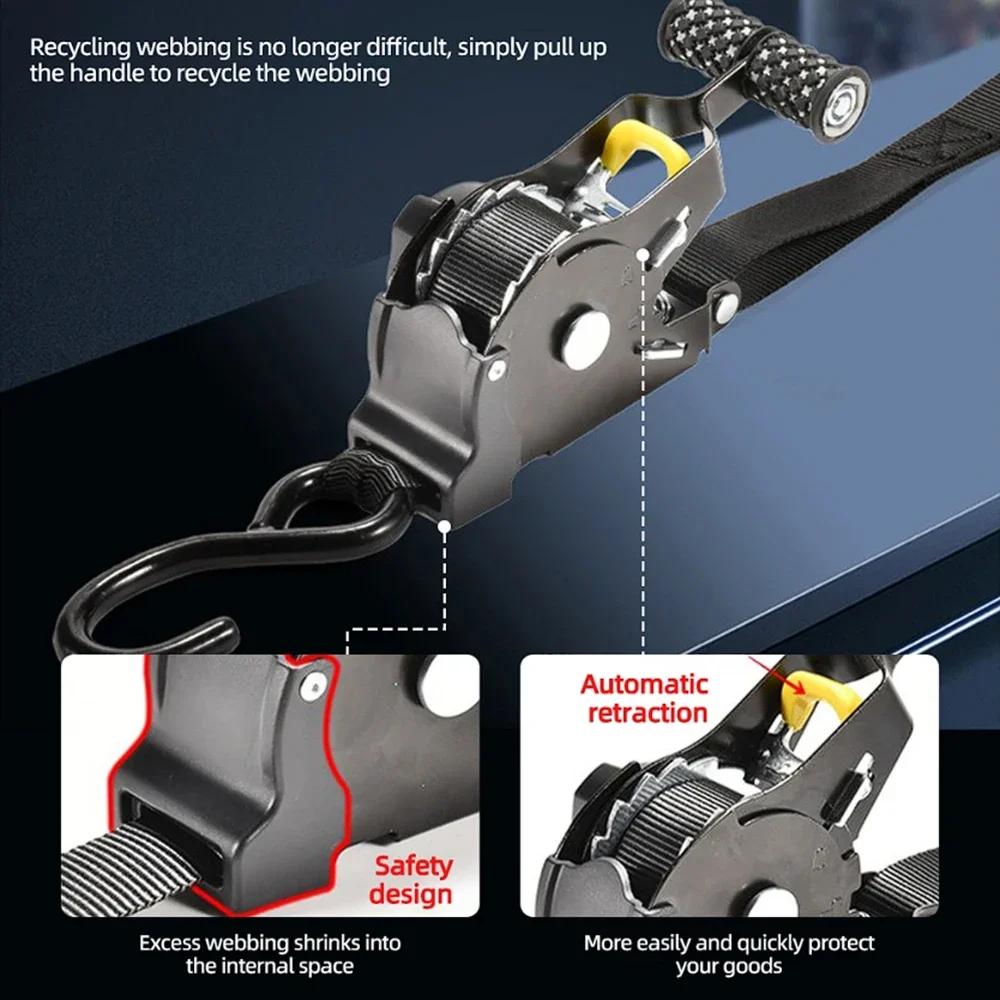 2pcs Auto Retractable Ratchet Tie Down Straps 1500lbs 3.3m Heavy Duty Padded Handle Secure Cargo Motorcycle Luggage