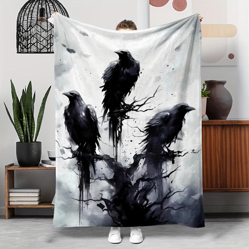 Gothic black raven pattern Flannel printed blanket suitable for all seasons suitable for living room office sofa and travel 75x100cm