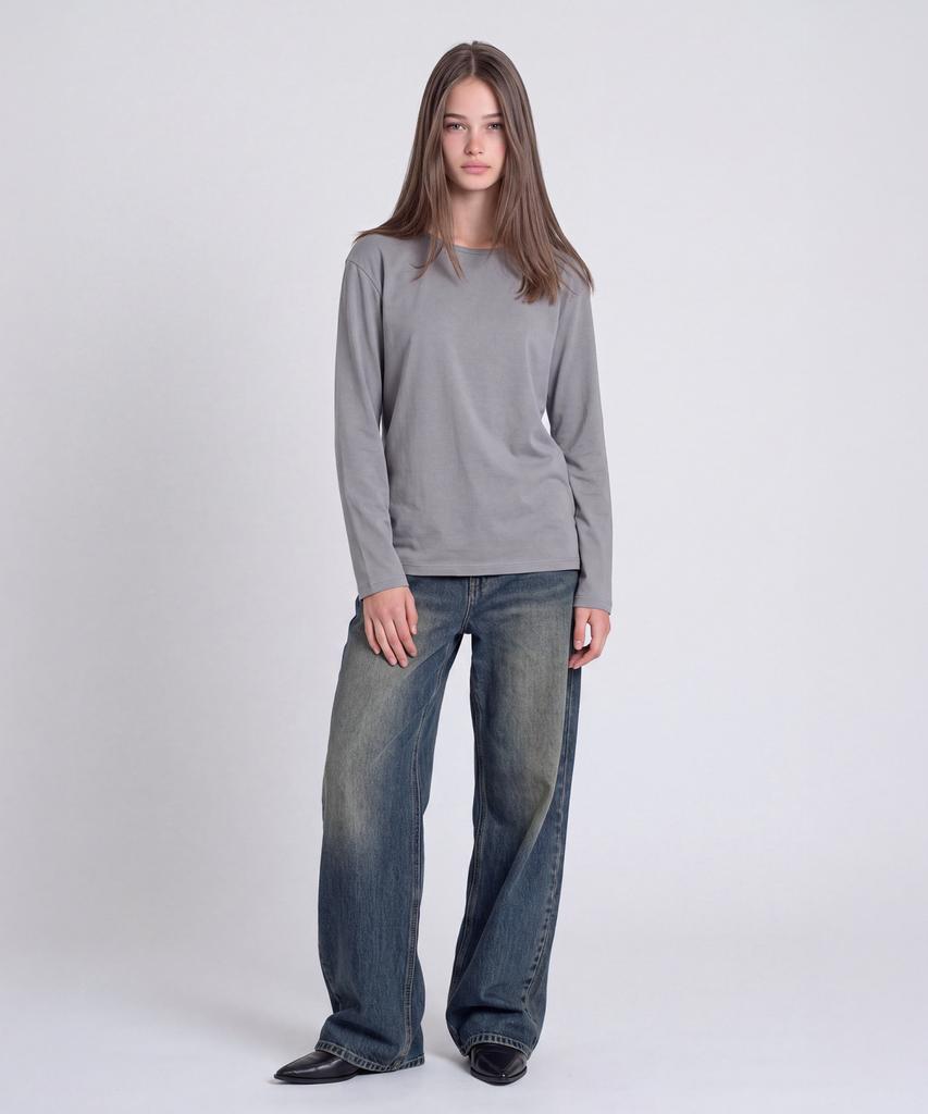 BASIC HOUSE Women'S Flowy Spandex U-Neck Oversized Long-Sleeve T-Shirt Dark Gray
