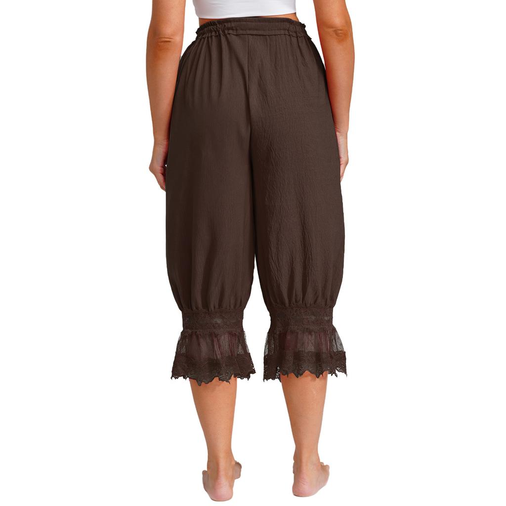 Womens Long Bloomers Loungewear Loose Harem Pants Elastic Waist Drawstring Medieval Style Midi Pants