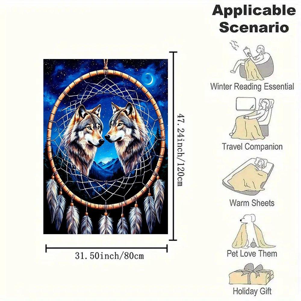 Dream Catcher with Wolves - Handmade Native American DecorBlanket Flannel Throw Blanket for Sofa, Bed, Travel, Camping, Office, Couch, Chair