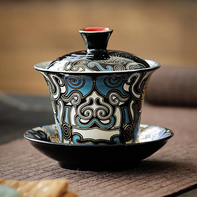 Gold & Silver Inlay Gaiwan Tea Set: Chinese Taotie Teapot with Gilded Teacup & Infuser