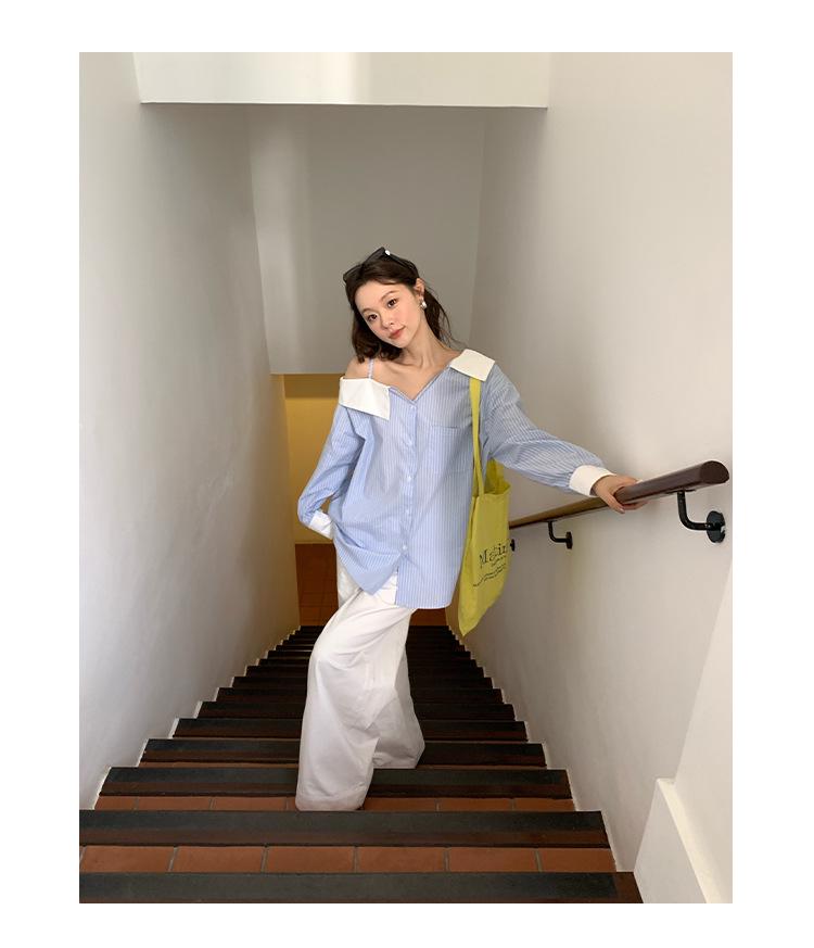 Thirteen Lines Spring 2025 French Style Off-Shoulder Striped Shirt for Women C3056