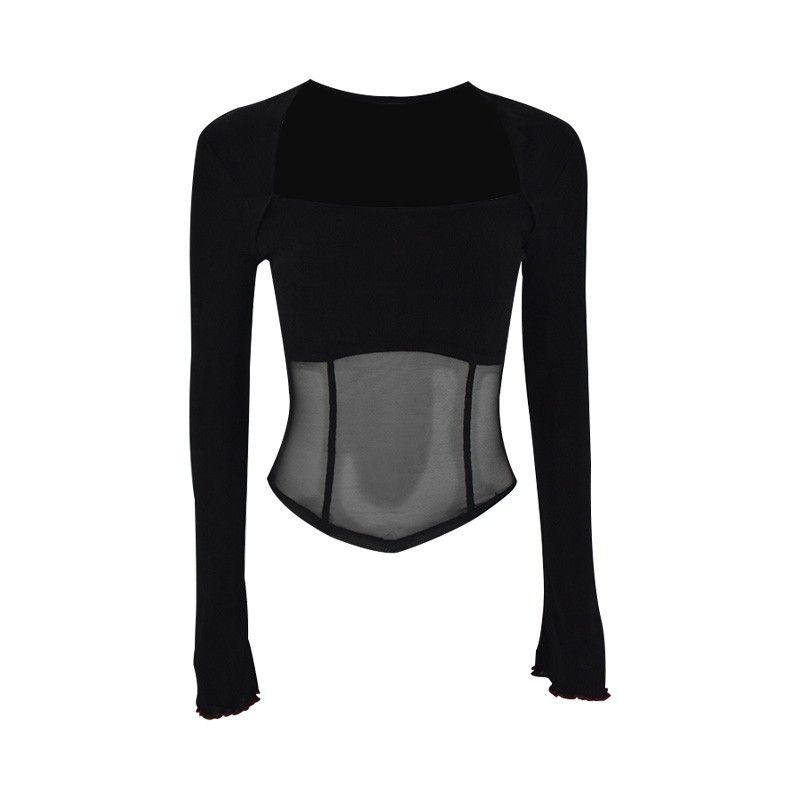 

Женская модная футболка с длинными рукавами, сексуальная облегающая короткая базовая рубашка, сетчатая вставка, чистый стиль, топ с квадратным вырезом, модная вещь Black S