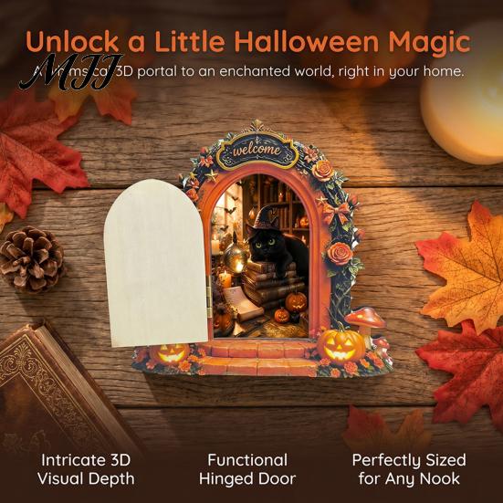 Unique Halloween Shelf Decor Mouse Hole Wall Decoration, Retro Arched Fairy Door with Pumpkin Cute Room Accessories & Flower Decor, Miniature Openable
