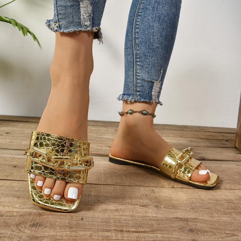 Plus Size Slippers Summer New Square Toe Open Toe Metal Chain Soft Sole Non-slip Wear-resistant Flats