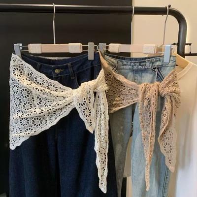 Korean Lace Crochet Hollow Scarf Women Triangle Scarf Cape Hollow Out Lace Shawl Wraps Waist Scarf Hip Curtain Decoration