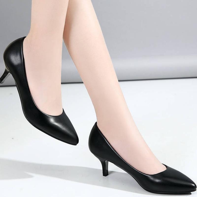 Comfortable Four-Season Leather Stiletto and Block Heel Stewardess Work Shoes for Women
