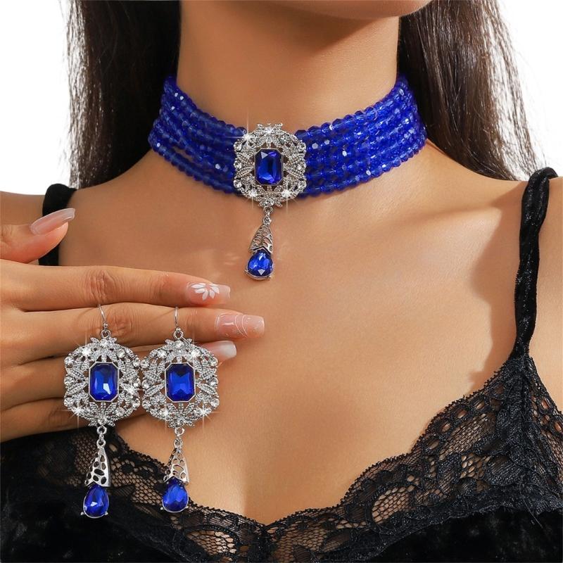 Stylish Layer Rhinestones Waterfall Necklace With Matching Earrings Jewelry Set