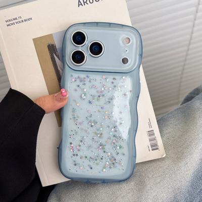 Custodia Trasparente con Paillettes a Forma di Stella e Bordo Ondulato per iPhone 17 Air 16 16E 15 14 13 12 11 Plus Pro Max Cover in Silicone Protettiva per Lente