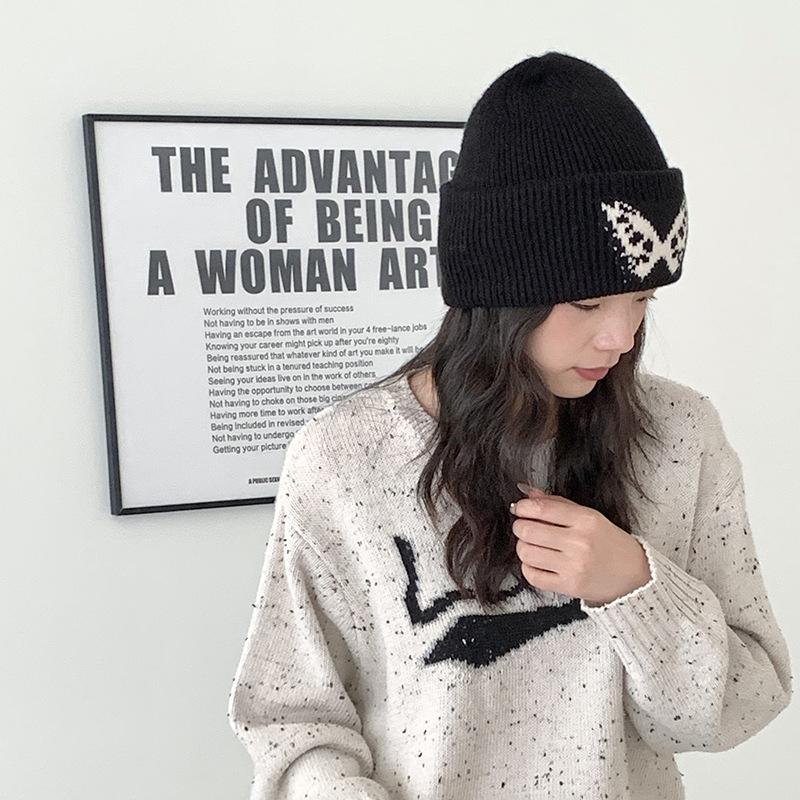 

Hat women s autumn new fashion casual windproof warm butterfly big head circumference hat knitted wool hat one size fits all чёрный