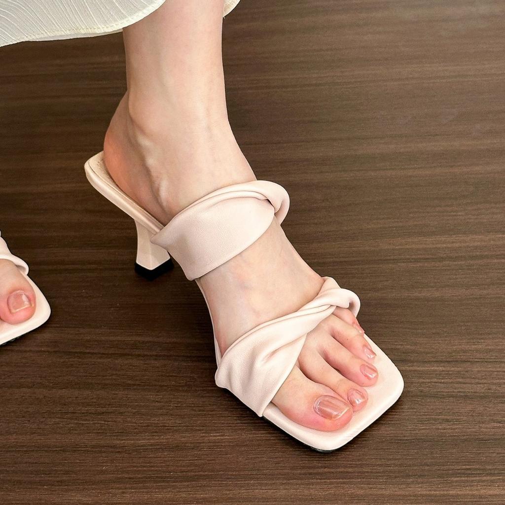 Soft and easy to wear! Pink one-word with high-heeled sandals for women's 2025 summer square-headed open-toed cool slippers