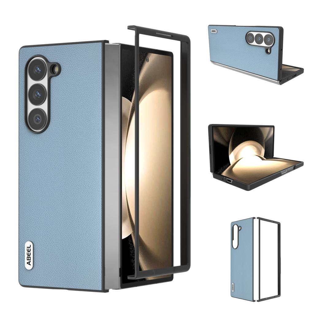 For Samsung Galaxy Z Fold6 5G Case Genuine Cow Leather PC Phone Cover Black Edge