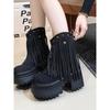 Fashion Women Tassels High Heels 9CM Thick Platform Short Boots Leather Chunky Shoes Woman Autumn Winter Platform Motorcycle Boots Botas