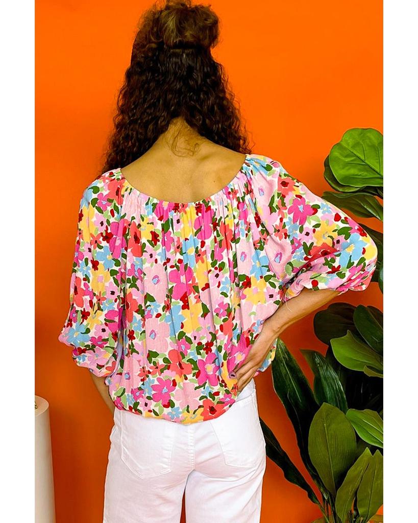 Azura Exchange Red Floral Print Puff Sleeve Pleated Elastic Neckline Blouse