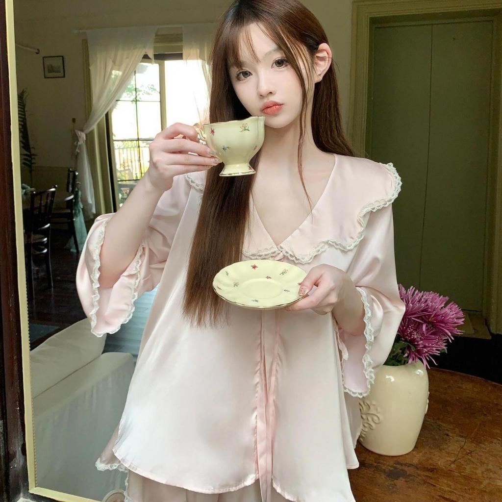 French premium long-sleeved ice silk pajamas women's summer new lace loungewear cardigan shorts skin-friendly set