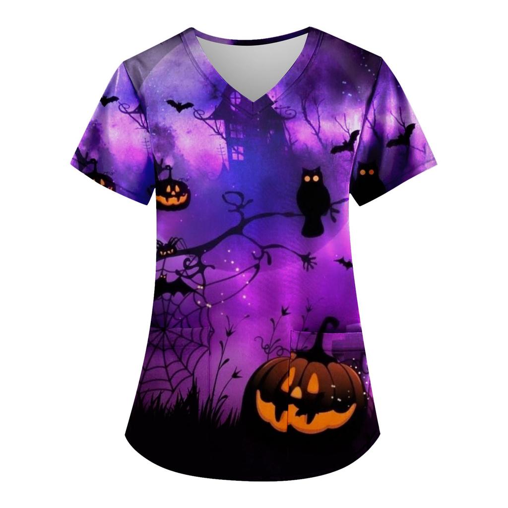 Women's Fashion V-neck Short Sleeve Workwear With Pockets Halloween Printed Tops