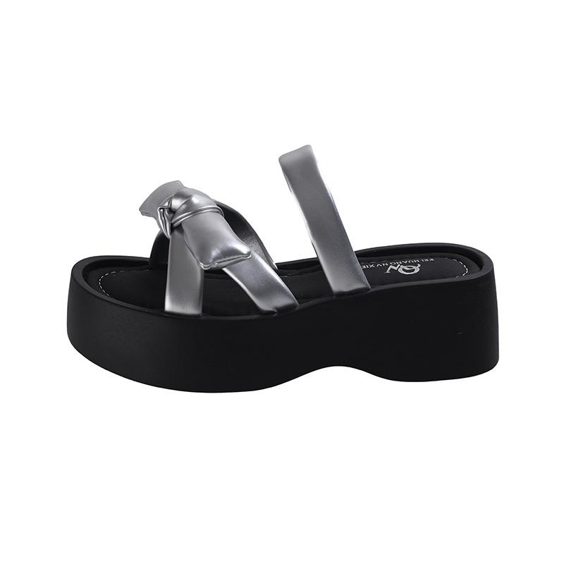 Bow one-word thick-soled slippers for women's summer wear 2025 new white heightening skirt cool slippers