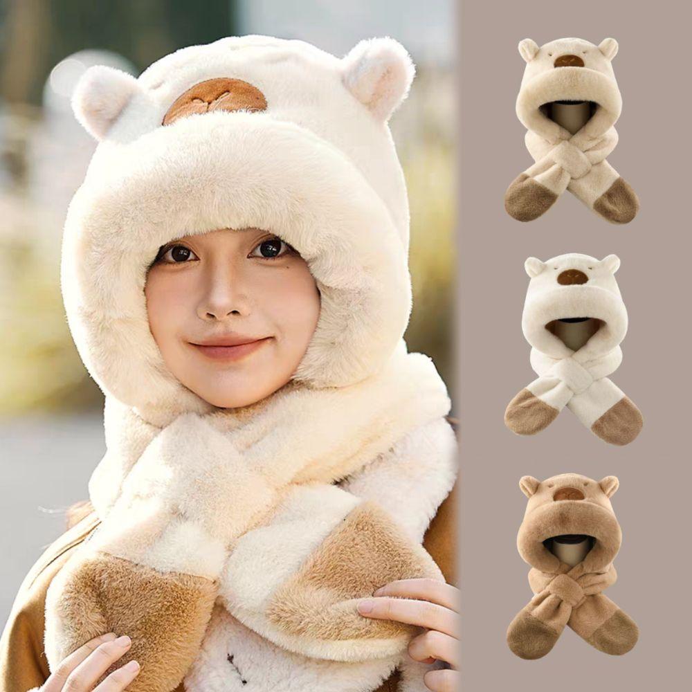 Thickened Capybara Hooded Scarf Set Soft Plush Plush Hat Scarf Set  Cycling Protection
